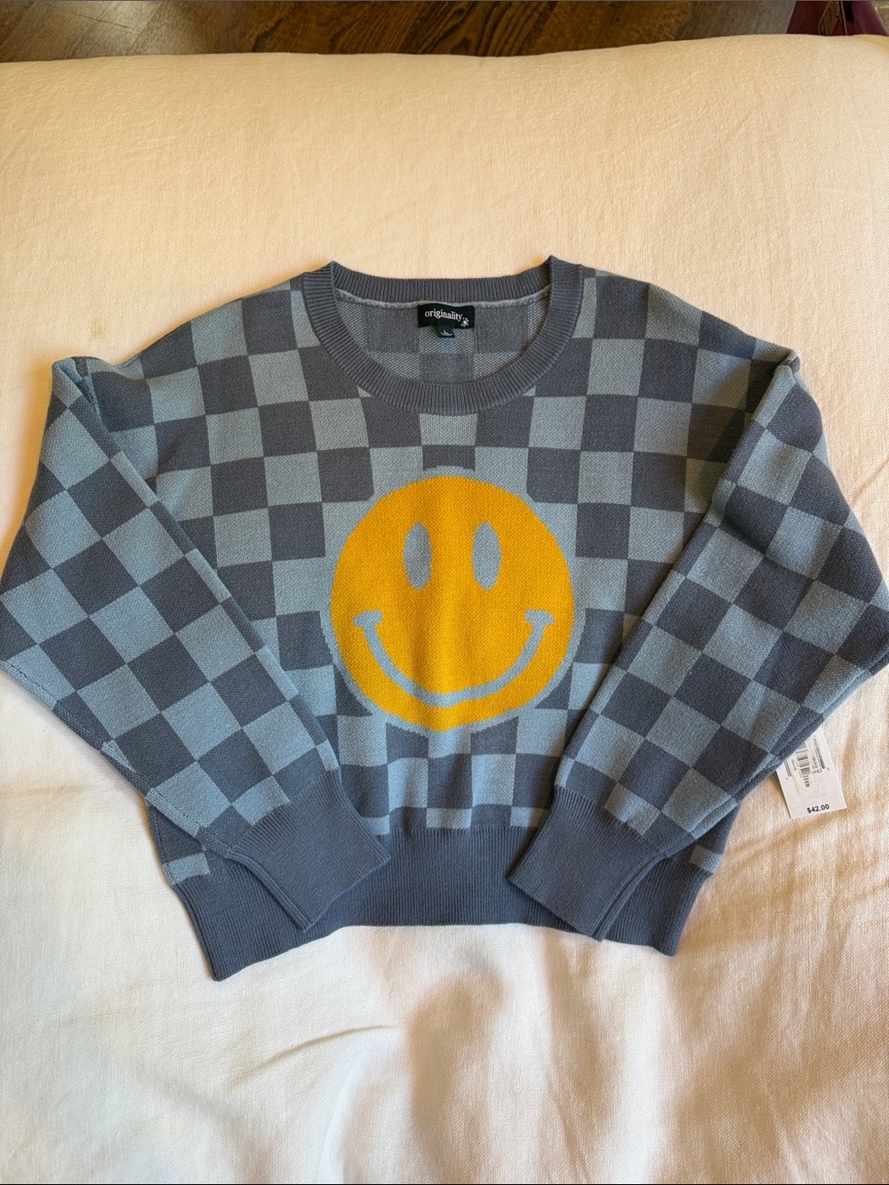 Smiley Checkered Crew Sweater - Yellow & Gray - Picture 1 of 4